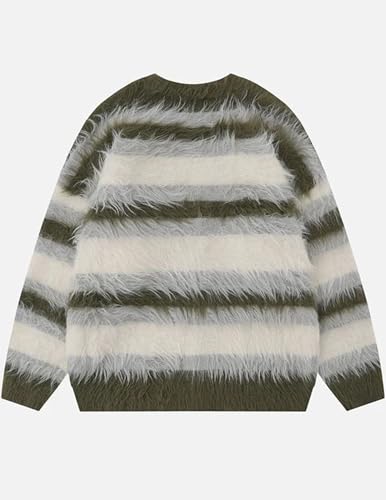 Aelfric Eden Color Blocking Striped Fuzzy Cardigan Crewneck Vintage Oversized Button Down Knit Cardigans Sweater Tops2