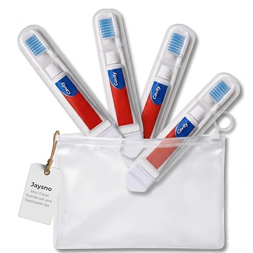 Mini Travel Toothbrush and Toothpaste Set 4 Folding Compact Toothbrushes with 4 Mini 5g Toothpaste Tubes and Travel Bag Portable Oral Care Kit for Flights Work Camping and Short Trips