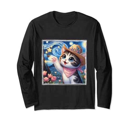 Sternennacht Kawaii Katze Van Gogh Garten Rosen Tulpen Lilien Langarmshirt