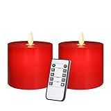 Only-us Flickering LED Flameless Candles Battery Operated with Remote Control Timers for Home Party Wedding Christmas Decoration Dimmable Pillar Red Candles 3x3 in Flat top 2pcs