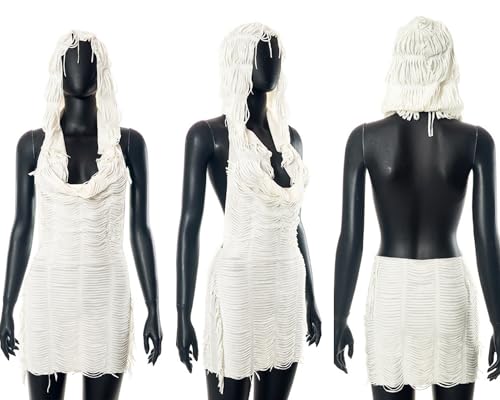 Image of Suillty Women's Sleeveless Hooded Tassel Mini Dress Sexy Hoodie Backless Bodycon Cocktail Party Club Dresses