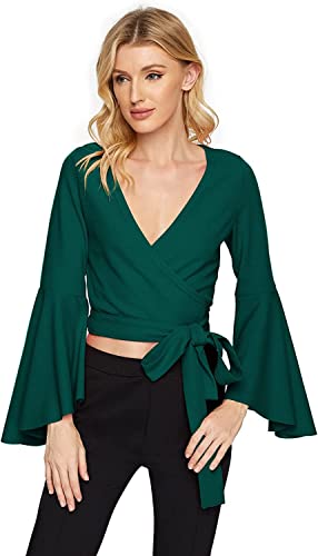 Image of TASHVIKA'S Women's Long Sleeve V Neck Tie Knot Wrap Blouse Top