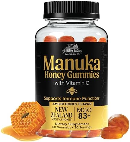 Country Farms Manuka Honey Gummies with Vitamin C – New Zealand Manuka Honey MGO 83+ – Immune Support Supplement, Organic Honey Gummies, Raw Honey Alternative, 60 Count (30 Servings)