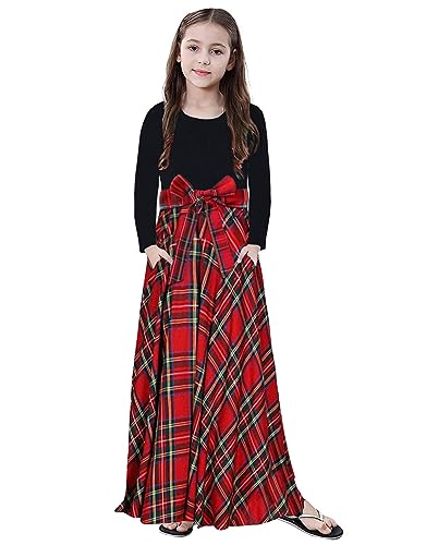 Image of KYMIDY Girl Maxi Dress Kids Casual Buffalo Check Plaid Long Sleeve Dresses with Pockets(6-14yrs)