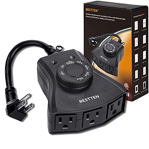BESTTEN Outdoor Timer with Photocell Light Sensor and 3 Grounded Outlets, Dusk to Dawn and Countdown Timer, Weatherproof Plug in Switch for Holiday Decoration, Christmas Lights and Outdoor Lighting
