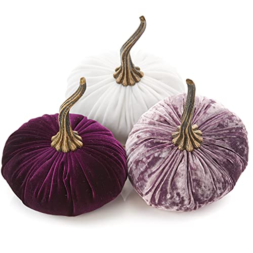 Set of 3 Velvet 6.25 Inch Pumpkins, jewel tone wedding centerpiece, elegant luxe purple for a friend, cozy autumn vibe, fall bookshelf office decor, hygge home (Luxe Lilac, Plum, Ivory)