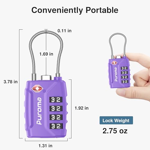 Image of Puroma TSA Approved Luggage Lock, 4 Digit Combination Travel Locks Resettable Code Lock with Zinc Alloy Body for Suitcase, Toolbox, Backpack, Bag, Gym Locker, Basic Purple, Classic