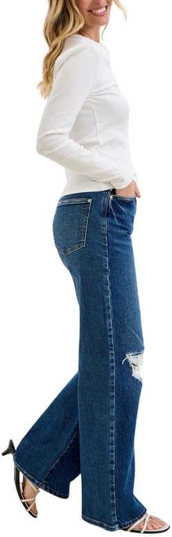 Judy Blue High Waist Rigid Magic Column Straight Jeans – Destructed Dark Wash with Adjustable Waist Tabs, 33” Inseam