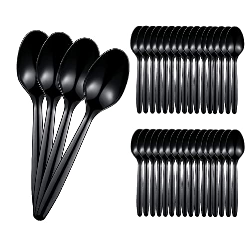 100 Pièces Noir Cuillere Plastique, Cuillere Plastique, Cuillere Plastique, Cuillere, Couvert Plastique Vaisselle pour Repas-Partage, Réutilisable, Passe au Lave-Vaisselle