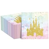 50PCS Princess Castle Birthday Party Supplies Watercolor Pastel Rainbow Paper Napkins Gold Glitter Hand Towels Napkins Tableware Set for Girls Fairytale Baby Shower Princess Castle Party Favor Decor