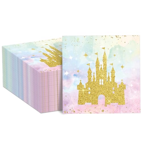 100PCS Princess Castle Birthday Party Supplies Watercolor Pastel Rainbow Paper Napkins Gold Glitter Hand Towels Napkins Tableware Set for Girls Fairytale Baby Shower Princess Castle Party Favor Decor