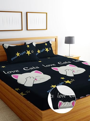 Image of DECORUM Glace Cotton Fitted 1 Bedsheet King Size (72 inchx78 inch) | All Around Elastic | Cotton Feel | 2 Pillow Covers (17 inchx27 inch) | Fits Up to 8 inch Mattress | 200-220 TC | Printed Double Bed Sheet Set