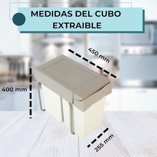 Miniatura 3 de Azerodesign-Cubo Basura-Cubo De Basura Cocina-Cubos De Basura De Reciclaje-2 Compartimentos De 7l- Módulo 30 Cm-40x45x25,5 Cm-Sistema Guías Extraíbles De Acero-Fijación Inferior-Material Plástico Pvc