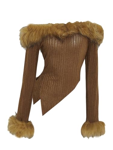 WDIRARA Womens Fuzzy Off The Shoulder T Shirts Y2k Faux Fur Long Sleeve Asymmetrical Knit Tops Brown X-Large
