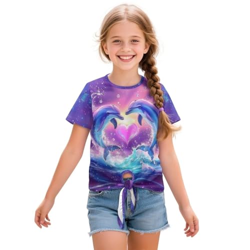 Summer Short Sleeve for Girls Tie Front T-Shirts Trendy Casual Crew Neck Shirt
