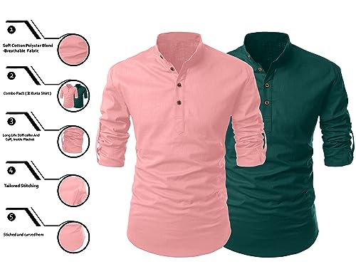 Image of FINIVO FASHION Combo of Men's Cotton Blend Solid Regular Fit Full Sleeve Straight Short Kurta Shirt, Casual and Formal Wear