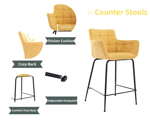 Cimota Bar Stools Counter Height With Back Set Of 2, Upholstered 24 26 Inches Counter Stools Chairs, Comfy Kitchen Island Chairs With Arm For Home Kitchen Bar/Pub/Cafe, Yellow #TOP1
