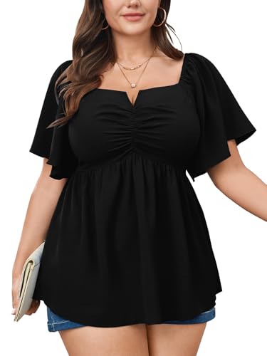 SCOMCHIC Plus Size Peplum Tops for Women Square Neck Blouses Ruffle Short Sleeve Ruched Front Summer Casual Babydoll Top Black