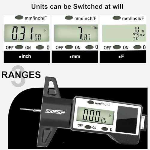 Image of GODESON Digital Tire Tread Depth Gauge -Reads 32NDS, Inch & MM /Solar /Battery Hybrid Power /1 inch (25.4mm) Range /Accurate Tire Thread Depth Gauge Tool Suitable for Cars, Trucks, Motorcycles