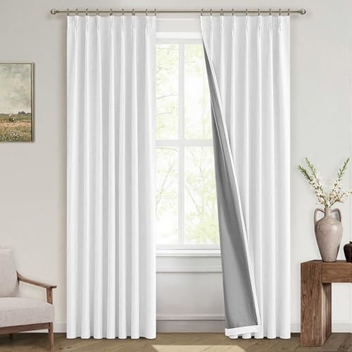 MIULEE Linen Pinch Pleated 100% Blackout Curtains for Bedroom 84 Inch Long 2 Panels Set Back Tab Track Black Out Floor to Ceiling Curtain for Living Room Darkening Triple Pleat Drapes with Hook, White