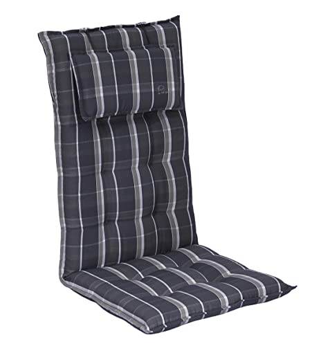 elGiga Sun Garden Hochlehner-Auflage 1-Stück Inco Blau-Grau Kariert 120 x 50 x 7 cm für Gartenstuhl, mit Kopfpolster, hochwertig, waschbar und...