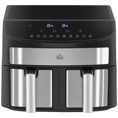 HOMCOM Dual Zone Heißluftfritteuse 8 L Airfryer 2400W mit 2 Fächer, 10 Programme, Antihaftbeschichtung, spülmaschinenfeste Körbe Heissluftfritteuse Fritteuse ohne Öl, energiesparend, Schwarz