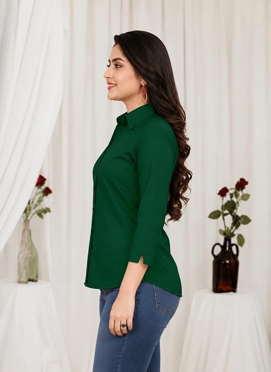 Image of Women's Formal Collared Shirt | Solid Office Wear Button-Up Top | Regular Fit 3 /4 Sleeve Business Shirt for Work & Casual Wear