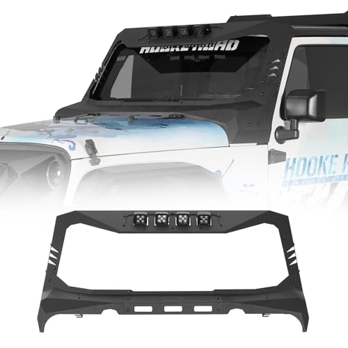 Hooke Road Mad Max Windshield Frame Cover Roof Sun Visor Cowl Body Armor for 2007-2018 Jeep Wrangler JK & Unlimited Include 4 LED Light Pods