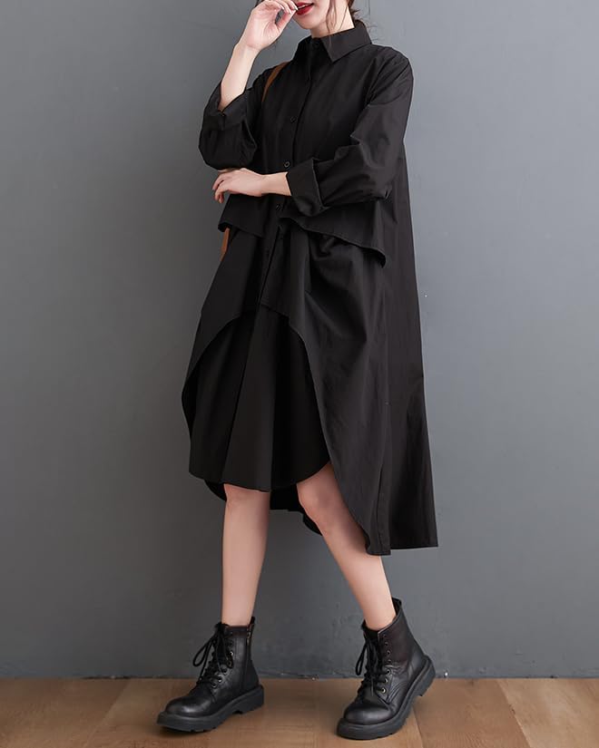 ellazhu Women's T-Shirt Dress Casual Lapel Long Sleeve Oversize Irregular Hem Button Down Solid GZ622 - Image 3