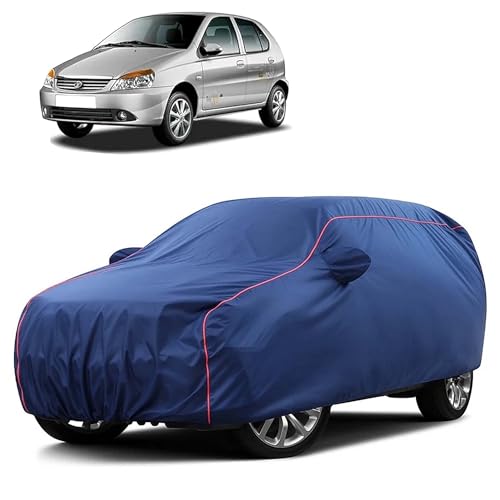 Image of Sulfar 100% Water Resistant Car Body Cover Compatible with Mirror for Tata Indica V2 (Triple Stitched, Full Bottom Elastic, Blue Taffeta with Red Piping)