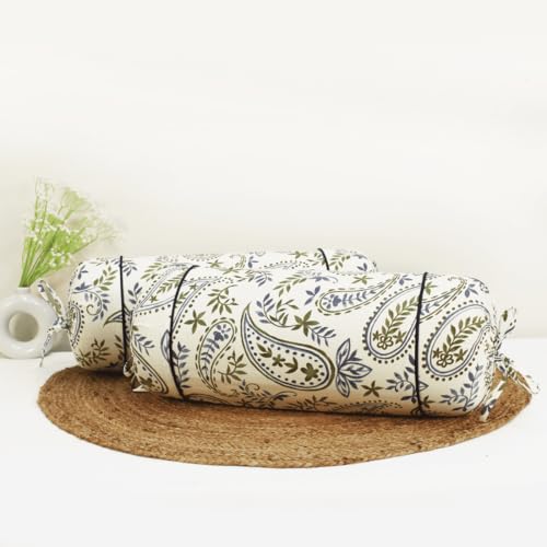 Image of AURAVE Cotton Printed Paisley Bolster Cover with Drawstring Closure, Set of 2, Soft Breathable Durable Machine Washable for Sofa Bed & Home Decor, 15 inchx30 inch, Blue | Cover Only
