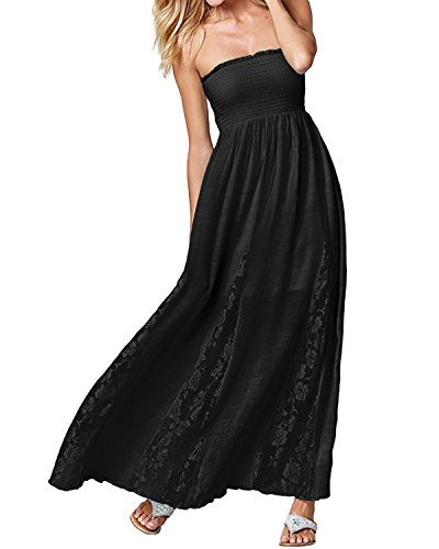 ACHIOOWA Mujer Vestido Cuello Palabra Encaje Punto Falda Sin Manga Playa Boda Suelto Elegante Dress Negro M