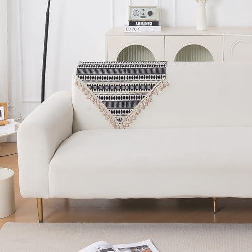 Image of HOKIPO 'Artisan Boho Series' Sofa Backrest Cover with Tassel | 450 GSM Thick Cotton Acrylic Jacquard Fabric Backrest Mat, Size 55x80 cm, Charcoal Black (IN-900-A3)