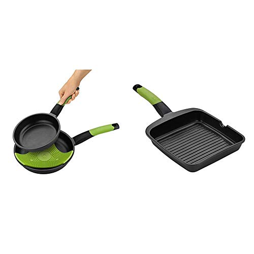BRA Prior - juego de 2 sartenes de aluminio + 1 tapa protectora, 20 y 24 cm + PRIOR - Grill asador con rayas, aluminio fundido con antiadherente Teflon Classic, 28 cm