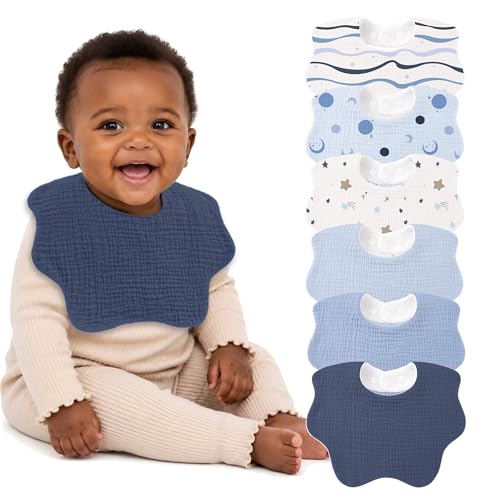Image of Bearmoss Muslin Baby Bibs for Drooling & Teething Cotton Drool Bib 6 Pack | Soft Absorbent Adjustable Bibs for Unisex Boys and Girls,Easy to Clean for Infant,Toddler, Newborn,Wider design,0-36 Months