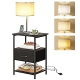 Fixwal Nightstand with LED Lights Bedside Table with 3 Color Temperatures Bulb, NightStand with Charging Station End Table with Adjustable Fabric Drawer for Bedroom Dorm, Black