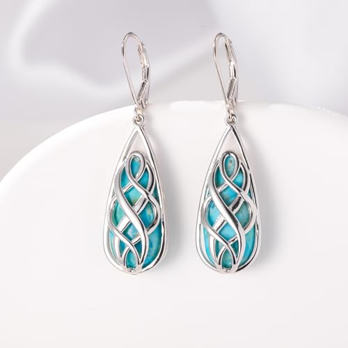 Turquoise Earrings for Women, Turquoise Jewelry for Women S925 Sterling Silver Dangle Teardrop Earrings Celtic Design, Boho Jewelry Gift for Friend Lover Mother 6