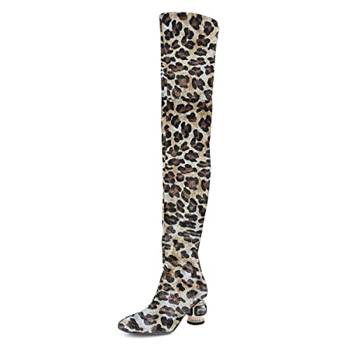 Xyd Women Classic Over The Knee Thigh High Boots Square Closed Toe Chunky Block Low Heel Long Boots Suede Side Zipper Ladies Party Club Shoes Size 7 Leopard-2" Gem Chunky Heel #TOP9