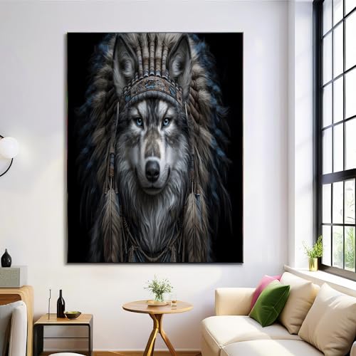 GDJSMIN Art Mural Indien en Toile, Tableau Decoration Murale Noir, Affiche Decoration Murale Coiffe Réaliste En Plumes De Loup pour Chambre Salon 30×40 cm...