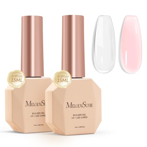 Image of MelodySusie 2PCS 15ML Clear Nude Pink Builder Nail Base Gel for Nails Thickening,Soak Off UV Extension Gel,Rhinestone Nail Glue in a Bottle for Nail Art Design Gift for Women