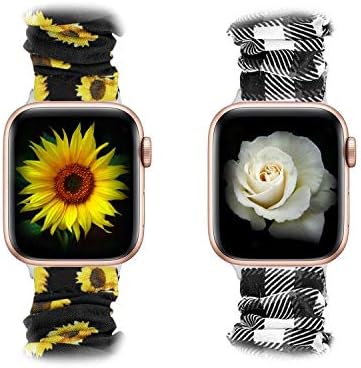 Huishang 2 Pack Scrunchie Watch Band Compatible for Apple Watch Band 38mm 42mm 40mm 44mm Women,Soft Elastic Strap Compatible with iWatch Apple Watch Series 5 4 3 2 1(Sunflower+White Plaid,42/44mm)