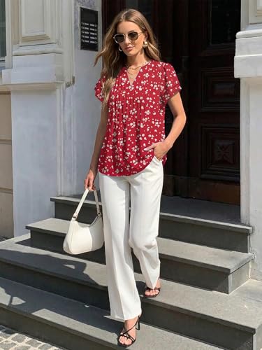 Funlingo Womens Tops Dressy Casual 2026 Short Ruffle Sleeve Red Floral Blouses for Women Summer V Neck Loose Fitting Chiffon Work Shirt Red Dot M — view 5