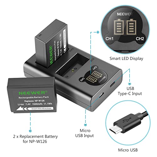 Neewer Battery Charger Set Replacement For Np-W126 Compatible With Fujifilm X-T3 X-T2 X-T1 X-A5 X-E3 X-E2 X-E1 X100F X-H1 X-M1 X-Pro2 X-T20 And More (2-Pack 1500Mah Battery/Dual Usb And Type-C Input) #TOP2
