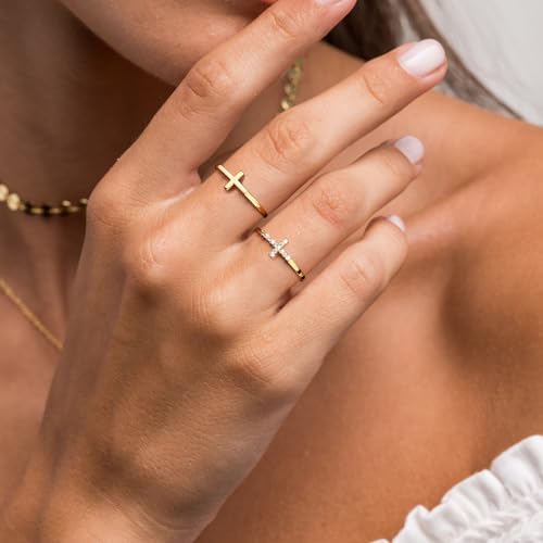 Foxgirl Cross Gold Rings for Women Non Tarnish, Dainty Trendy Stackable Ring Set 14k Gold Plated Thin Cz Cross Finger Rings for Women Non Tarnish Simple thumb Rings for Momen Gold Jewelry Size 5-102