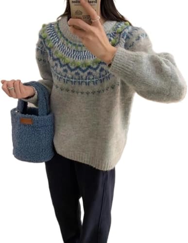 MOLERFO Fair Isle Sweater Women Knit Sweater Y2k Cute Sweaters Cottagecore Vintage Grandpa Sweater Preppy Cropped Sweater