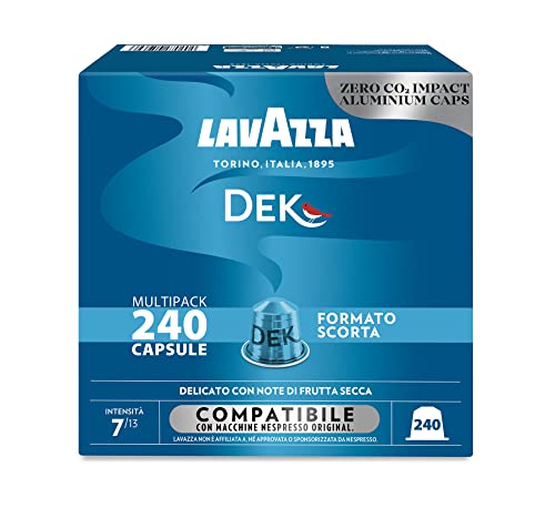 Lavazza, Espresso Dek, 240 cápsulas de café de aluminio compatibles con cafeteras Nespresso* Original, notas de frutas secas y chocolate, arábica y robusta, intensidad 7/13, tostado medio, 8 paquetes