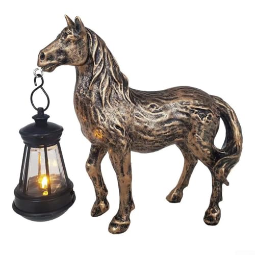 HOHOVYVY Horse Solar Gartenfigur Aus Resin Mit Laterne Wetterfeste Dekoration Für Garten, Terrasse Oder Balkon Automatische LED Beleuchtung Ohne Kabel(Bronze lights)
