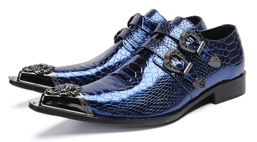 Santimon Men's Luxury Patent Leather Dress Shoes - Snakeskin Texture Metal Pointed Toe Metallic Monk Strap Loafers Formal Shoes with Buckle Accent for Wedding Party Bar Singer