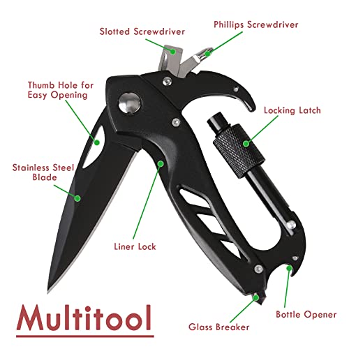 Multitool Carabiner with Folding Pocket Knife,Edc Carabiner Keychain with Bottle Opener, Window Breaker and Screwdriver,Survival Gear for Outdoor Camping Hiking