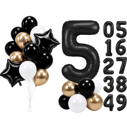 Image of PartyWoo Black Number 5 Balloon 40 Inch 25pcs Black Foil Star White Gold